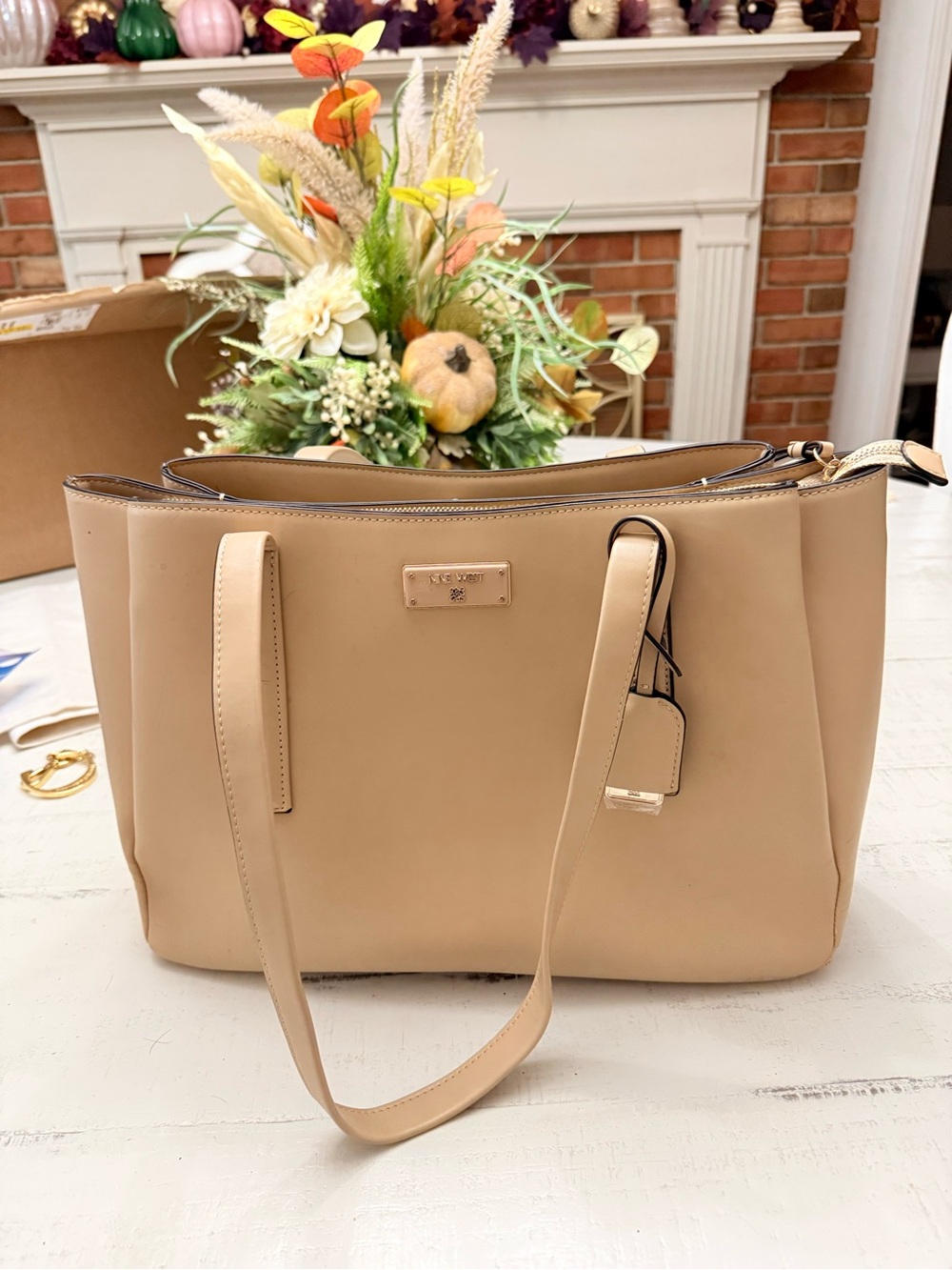 Nine West Beige Leather Tote with Top Handles